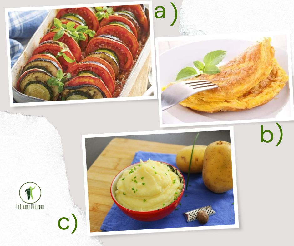 RATATOUILLE DE CALABACÍN, BERENJENA Y TOMATE CON TORTILLA DE ATÚN Y PURÉ DE PATATA